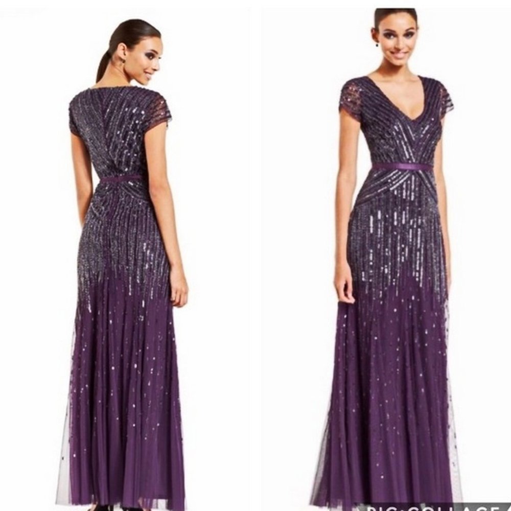 Adrianna Papell Women's Long Beaded V-Neck Dress Cap Sleeves gown 2